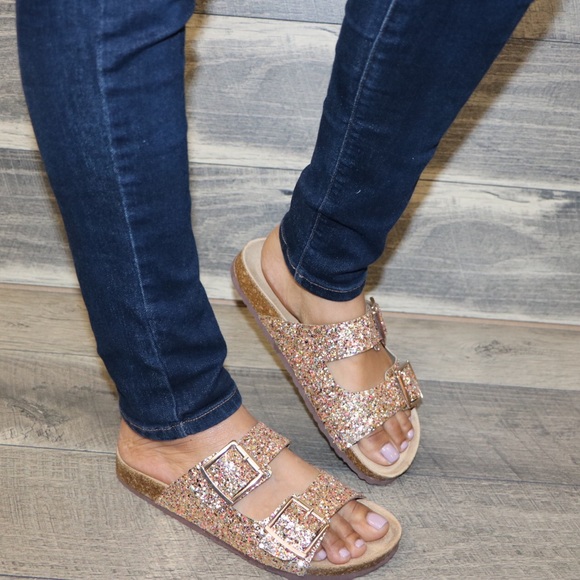 Gold Glitter double strap footbed slider sandal - Picture 5 of 7